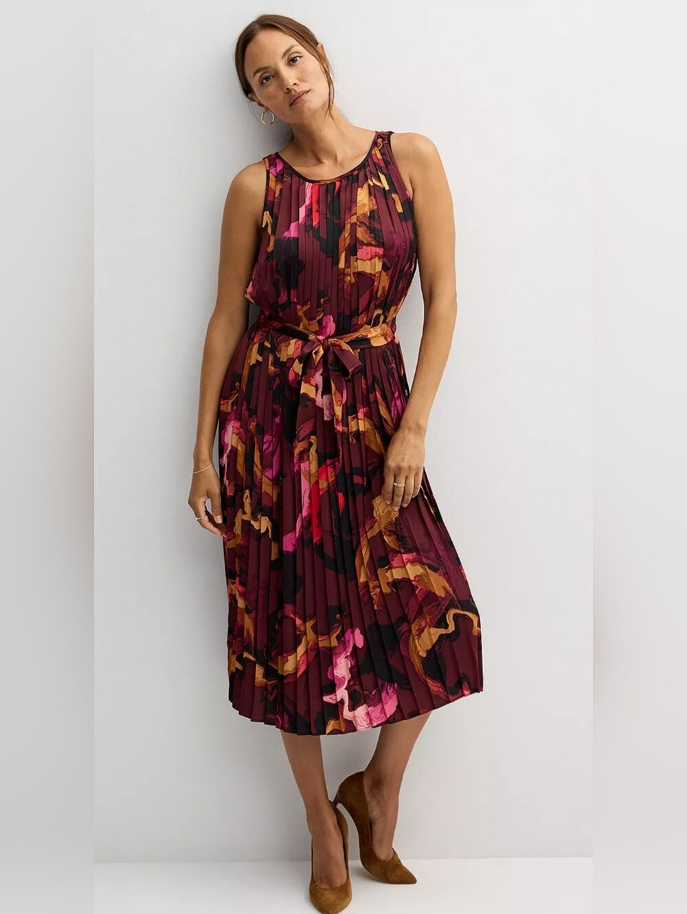 Nine West Sleeveless Pleated Floral Midi Dress XXL .